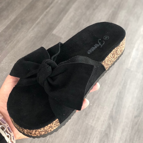 Fashion Addict Shoes | Maria Black Bow Cork Slides Sandals | Poshmark